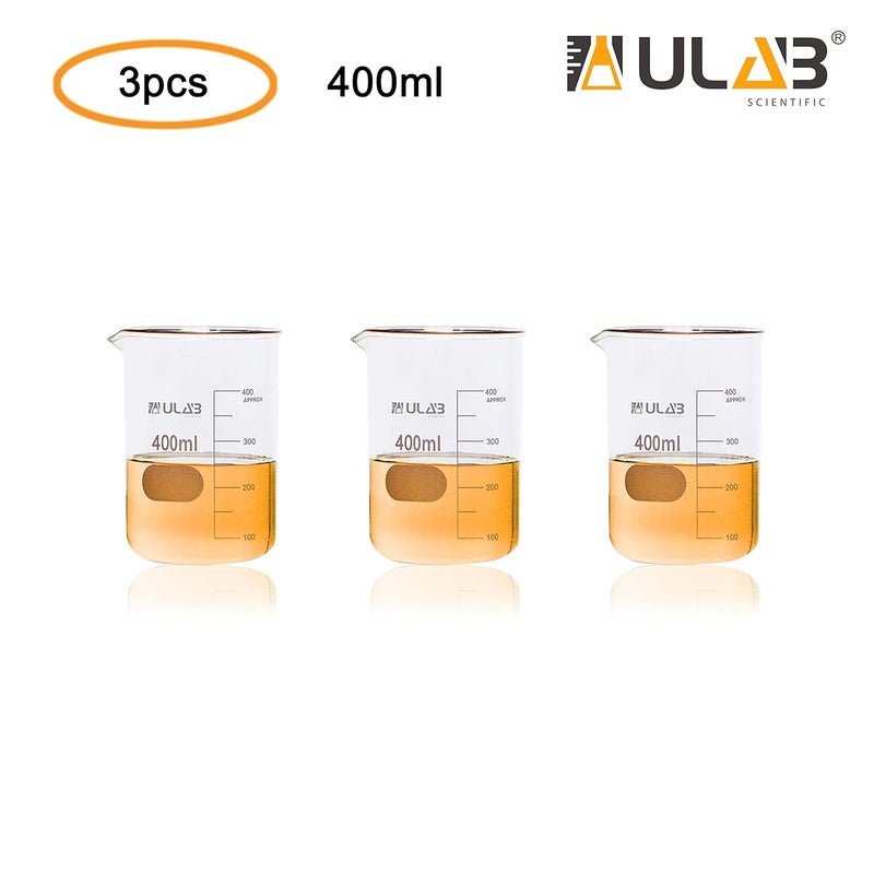 ULAB Scientific Glass Beakers, Vol. 400ml, 3.3 Borosilicate Griffin Low Form with Printed Graduation, Pack of 3, UBG1035 - Image 2